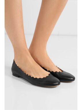 Chloe Black Scalloped Suede Leather Ballet Flats